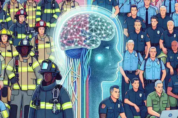 "First responders utilizing advanced AI technology during an emergency response training exercise, highlighting the impact of artificial intelligence on public safety and crisis management."