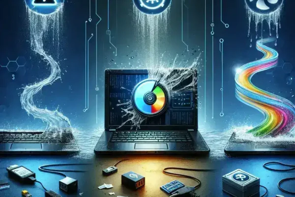 "Technician using specialized tools to recover data from a water-damaged laptop that won't boot, illustrating steps in a comprehensive guide on data recovery methods."